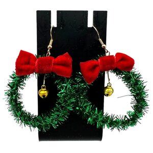 Festive Christmas Wreath Earrings Red Velvet Bows Holiday Jewelry For Women
